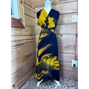 Women Plus 3XL Yellow Black Abstract Chiffon V-Neck Maxi Dress Formal Flowy
